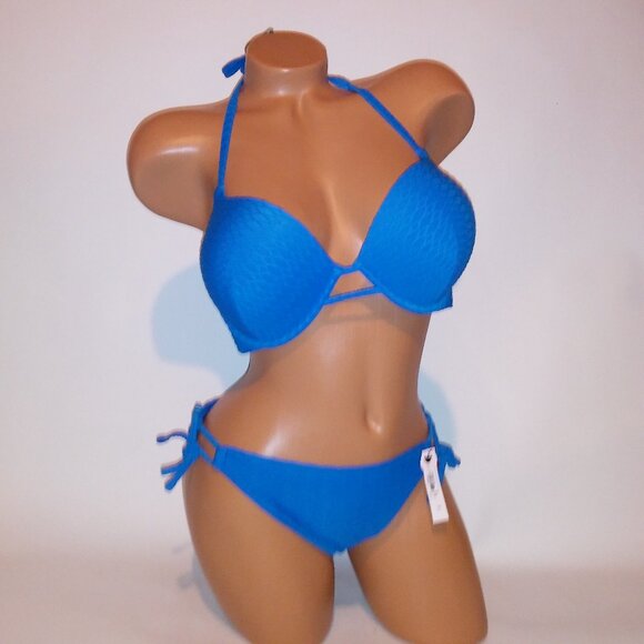 Victoria Secret Swim Bikini Top & Bottom Cheeky Blue Bombshell Push Up Textured - Picture 1 of 15